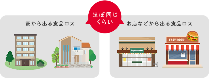 家から出る食品ロスと店などから出る食品ロスほぼ同じくらいの量